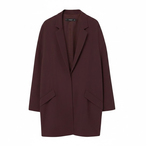 Mango Jackets & Blazers - Mango Blazer Women Size M Burgundy Basics Oversized Open Front Longline Jacket